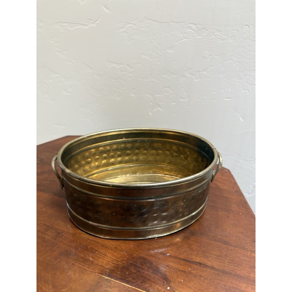 Vintage Hosley Solid Brass Oval Planter Tub with Handles Hammered Made in India
